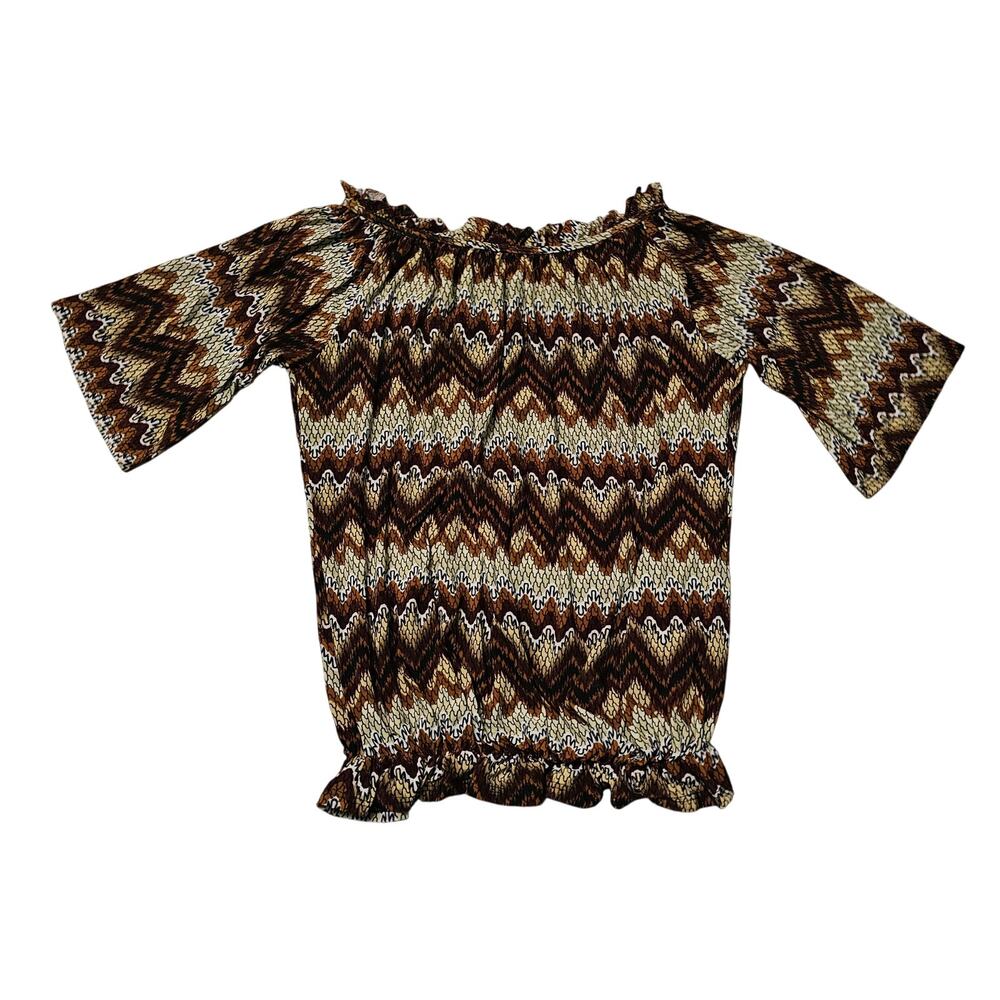 Elizabeth Girls Size XL Peasant Shirt Brown Black Short Sleeve Lace inlay